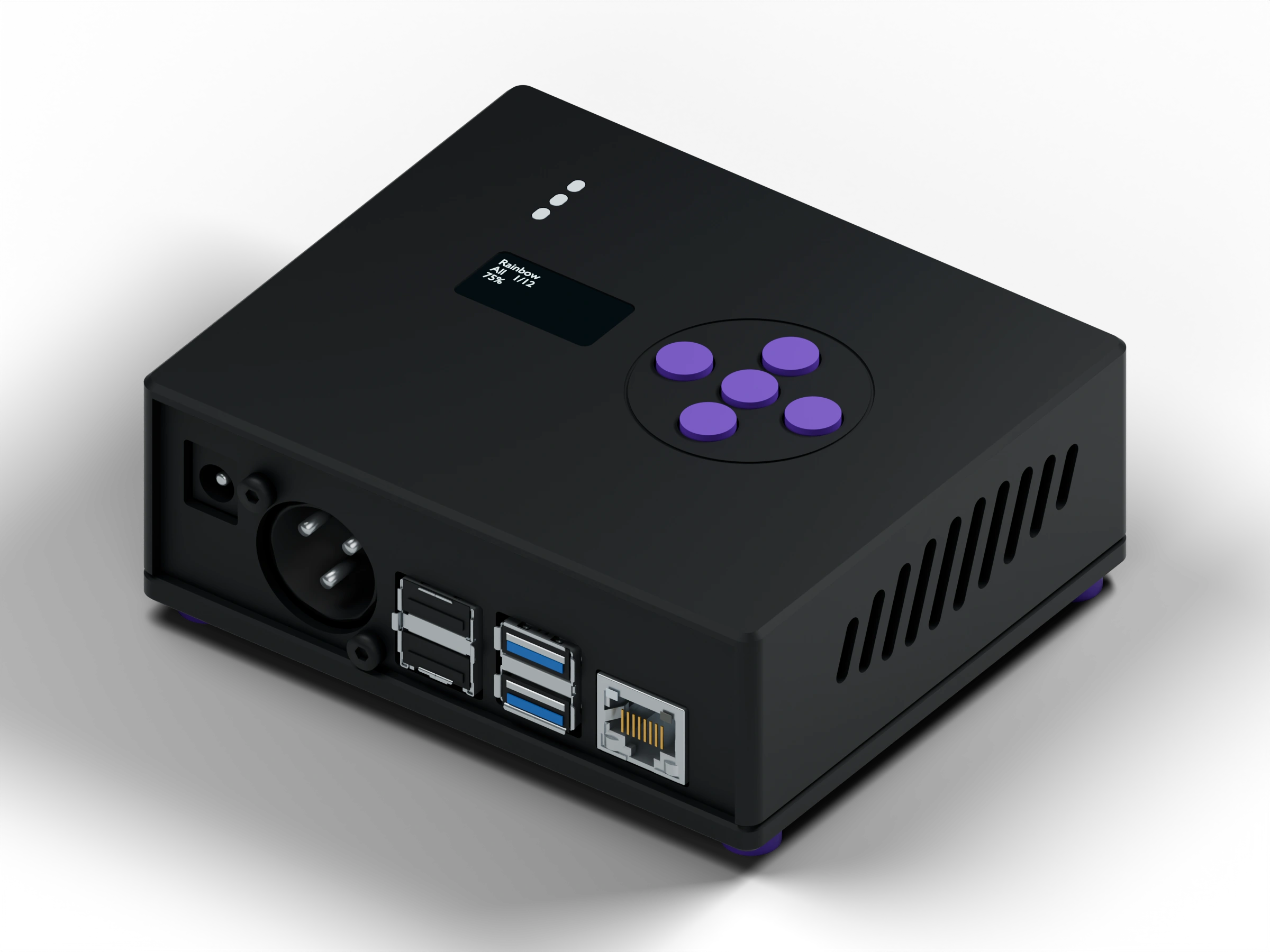 Current black Player with purple buttons. The round three-pin XLR input sits between the small power jack and the USB sockets.